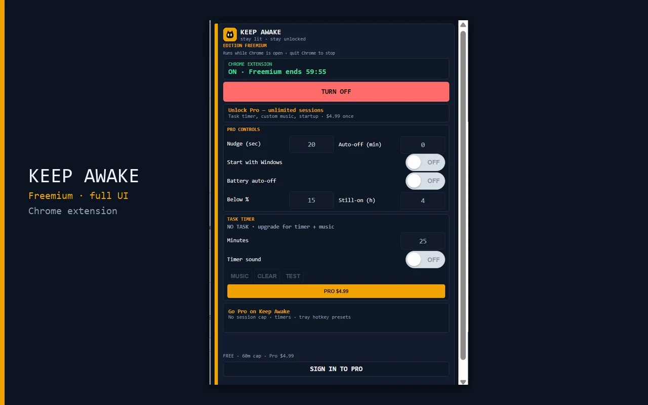 Keep Awake for Windows Chrome extension UI